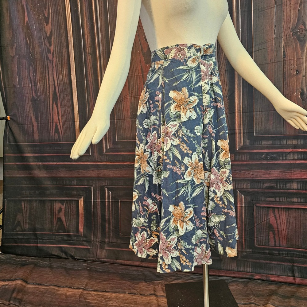 Vintage Ecco Bay 1970s Floral Wrap Skirt Muted Blue Orange Lily Floral